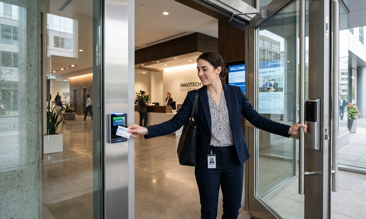 Employee using an access control system to enter a secure workplace area with modern security technology.