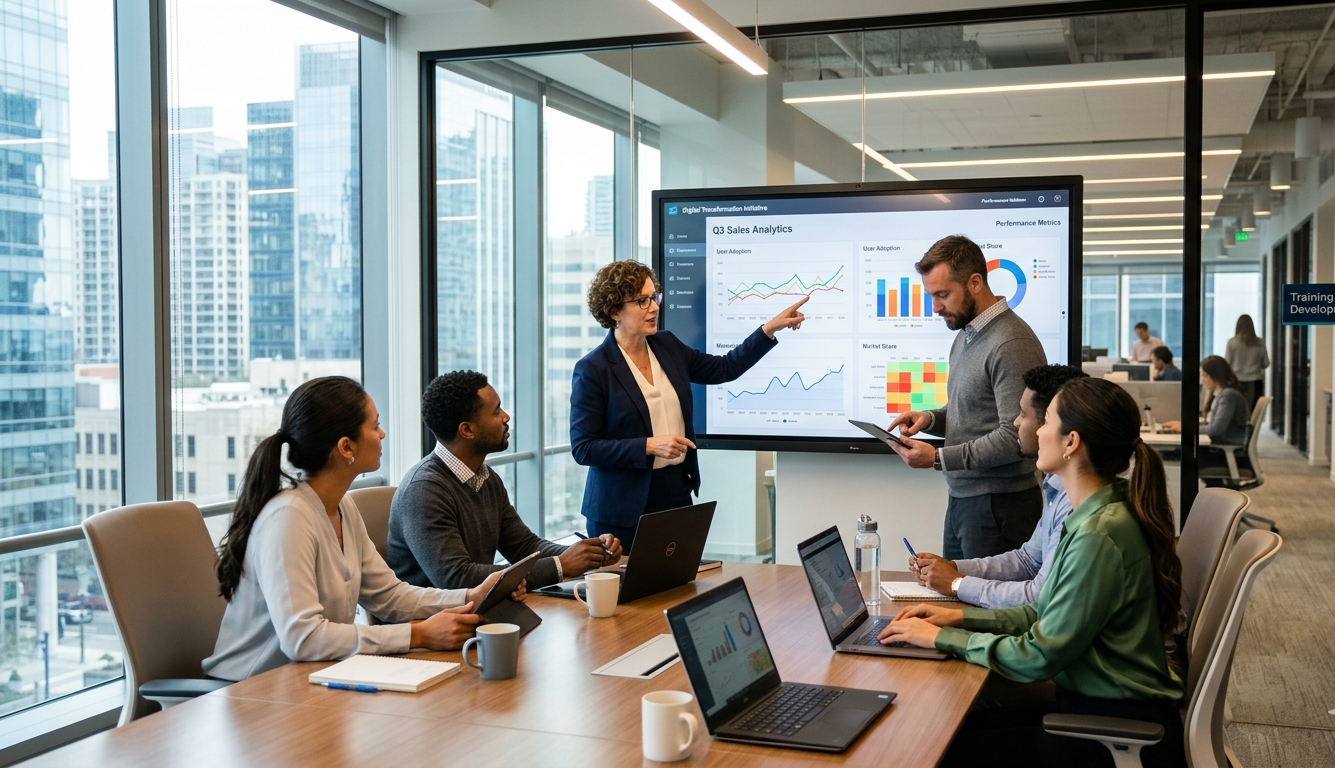 Employees adopting new digital technology through training and collaboration in a modern workplace environment.