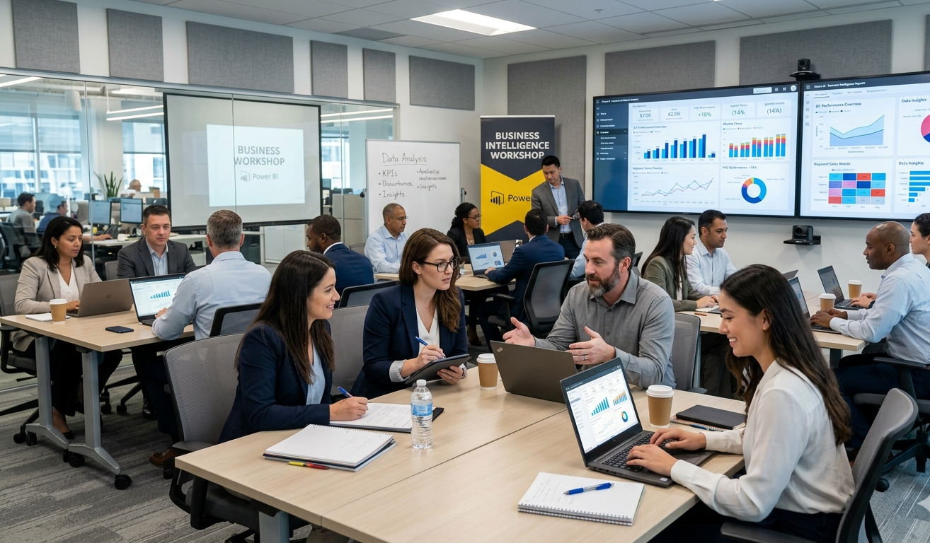 Employees participating in data analytics training to improve business intelligence and data-driven decision-making.