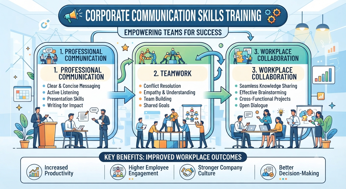 Corporate communication skills training helping employees improve teamwork, workplace collaboration, and professional communication.