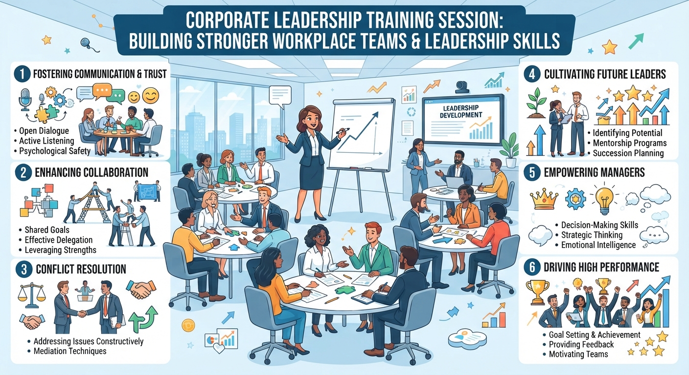 Corporate leadership training session helping managers and employees build stronger workplace teams and leadership skills.