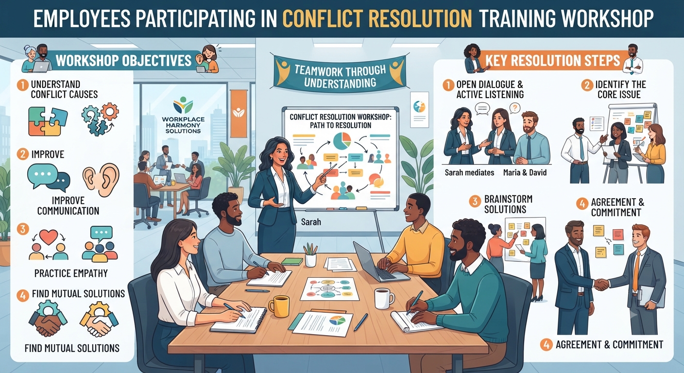 Employees participating in a conflict resolution training workshop to improve workplace communication and teamwork.