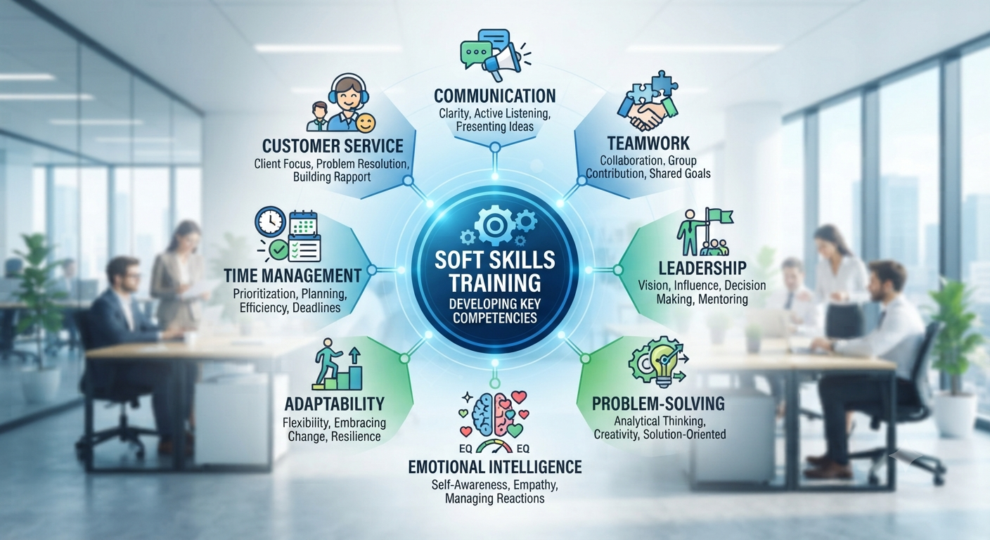 Soft skills training infographic showing communication, teamwork, leadership, problem-solving, and workplace development